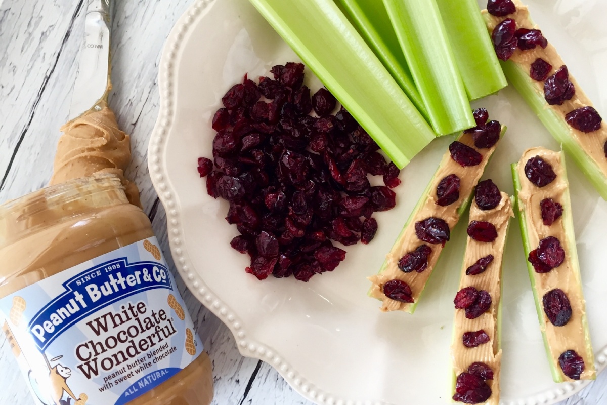 Celery with Peanut Butter & Co. White Chocolate Wonderful Peanut Butter & Dried Cranberries