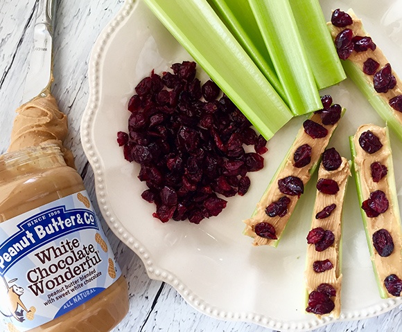 Celery with Peanut Butter & Co White Chocolate Dream Peanut Butter & Dried Cranberries
