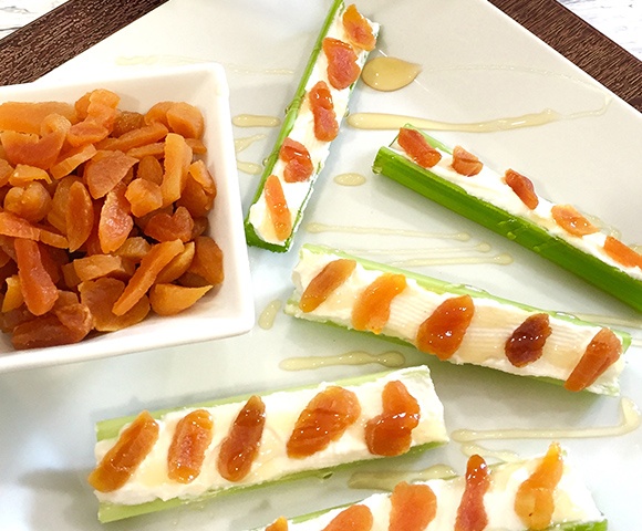 Celery, Whipped Ricotta with Drizzled Honey & Dried Apricots