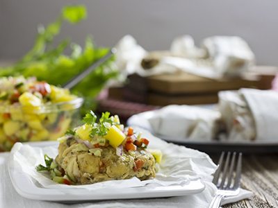 Rustic Grilled Celery Crab Cakes with Celery Mango Salsa